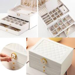 Dyzi Women's 3 Layer PU Leather Jewellery Box Organiser with Drawers White - thumbnail 5