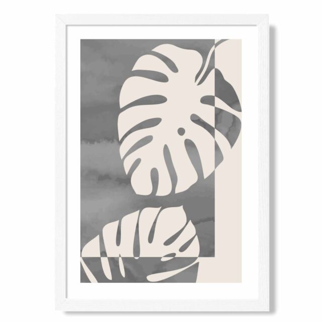 ARTZE Grey Monstera Mid Century Tropical Framed Print SIZE: A3 with White Frame in Mid Grey - Size: A4 - image 1