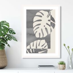 ARTZE Grey Monstera Mid Century Tropical Framed Print SIZE: A3 with White Frame in Mid Grey - Size: A4 - thumbnail 2