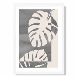ARTZE Grey Monstera Mid Century Tropical Framed Print SIZE: A3 with White Frame in Mid Grey - Size: A4 - thumbnail 1