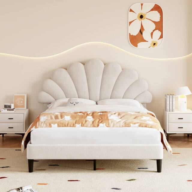 Rolipo 4ft6 Double Upholstered Velvet Bed Frame with Adjustable Headboard in Beige - image 1