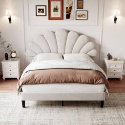 Rolipo 4ft6 Double Upholstered Velvet Bed Frame with Adjustable Headboard in Beige - thumbnail 4