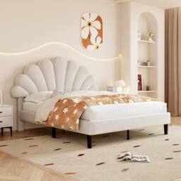 Rolipo 4ft6 Double Upholstered Velvet Bed Frame with Adjustable Headboard in Beige - thumbnail 2