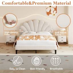 Rolipo 4ft6 Double Upholstered Velvet Bed Frame with Adjustable Headboard in Beige - thumbnail 6