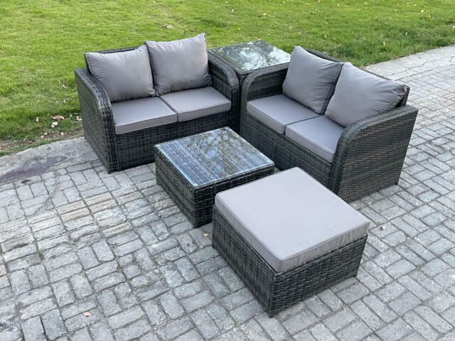 Fimous Rattan Sofa Set Outdoor Garden Furniture Set with Square Coffee Table Loveseat Sofa Big Footstool Side Table Dark Grey Mixed - image 1