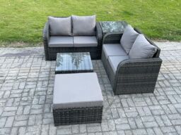 Fimous Rattan Sofa Set Outdoor Garden Furniture Set with Square Coffee Table Loveseat Sofa Big Footstool Side Table Dark Grey Mixed - thumbnail 2