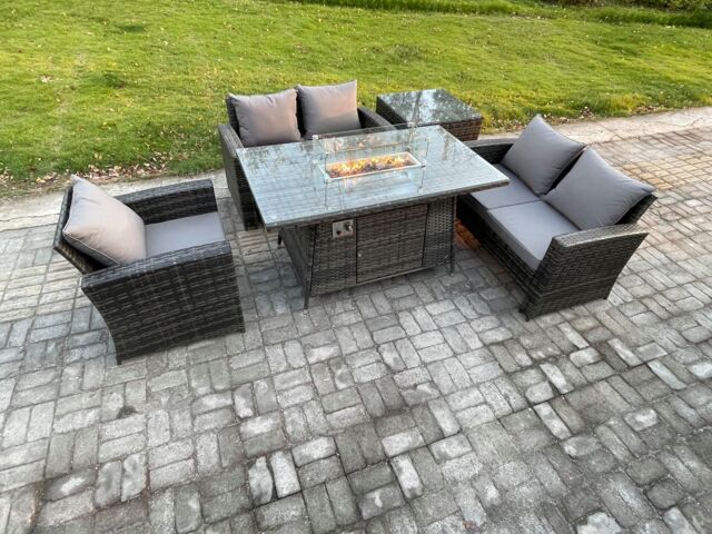 Fimous Rattan Outdoor Garden Furniture Gas Fire Pit Table Sets Gas Heater with Love Sofa Armchair Side Table 5 Seater in Dark Grey