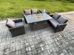 Fimous Rattan Outdoor Garden Furniture Gas Fire Pit Table Sets Gas Heater with Love Sofa Armchair Side Table 5 Seater in Dark Grey - thumbnail 1