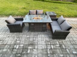 Fimous Rattan Outdoor Garden Furniture Gas Fire Pit Table Sets Gas Heater with Love Sofa Armchair Side Table 5 Seater in Dark Grey - thumbnail 2