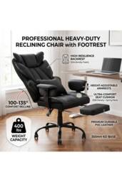Living and Home Ergonomic High Back Office Chair with Footrest and Casters in Black - thumbnail 4