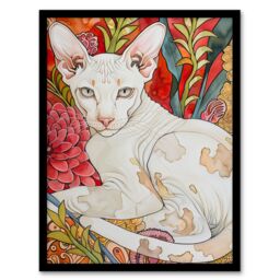 Artery8 Oriental Shorthair Cat in Abstract Flower Garden Framed Wall Art - Size: A4 - thumbnail 1