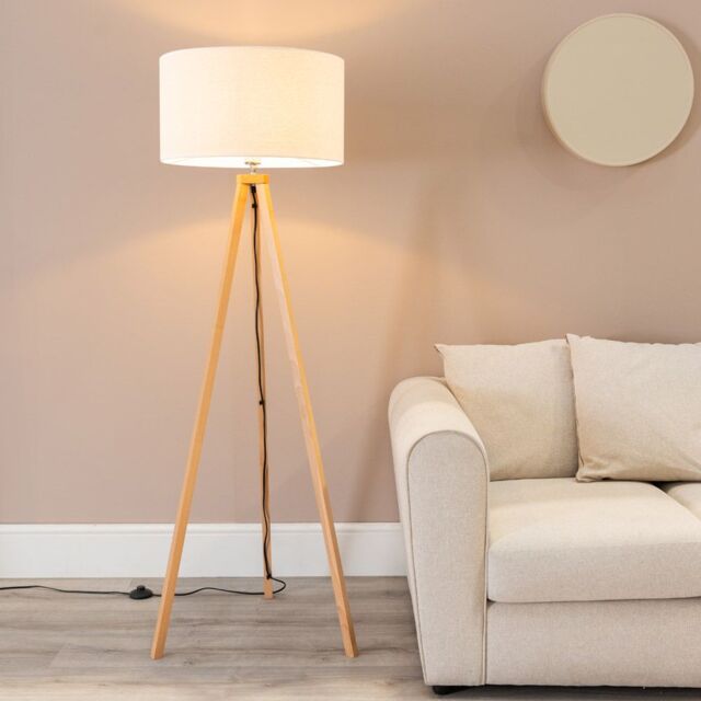 ValueLights Barbro Wooden Tripod Floor Lamp with Linen with Trim Drum Shade & LED Bulb in White - image 1