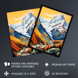 Artery8 Aoraki Mount Cook Artwork Amber Orange Blue National Park New Zealand Snow Peaked Mountain Cloud Piercer Unframed Wall Art Print Poster Home - thumbnail 2
