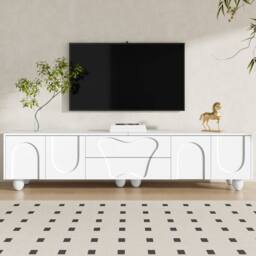 Matteo White Minimalist TV Cabinet with Wooden Legs & Storage - 180cm - thumbnail 2