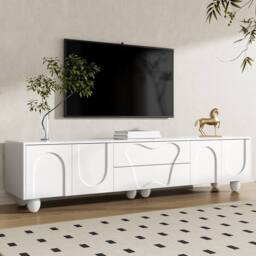Matteo White Minimalist TV Cabinet with Wooden Legs & Storage - 180cm - thumbnail 3