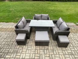 Fimous Rattan Garden Outdoor Furniture 3 PC Love Sofa Set Adjustable Rising lifting Dining Table With 3 Footstools in Dark Grey - thumbnail 1