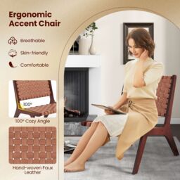 Costway Modern Lounge Chair Woven Leather Accent Chair Armless Reading Side Chair Brown - thumbnail 4