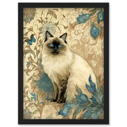 Artery8 Blue Point Ragdoll Cat with Teal Plants Art Nouveau Watercolour Illustration Artwork Framed Wall Art Print A4 in Black - thumbnail 1