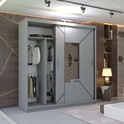 MN Furniture Naxos Sliding Mirror Wardrobe with LED Light-203cm x 217cm in Grey - Size: 203 cm x 217 cm - thumbnail 3