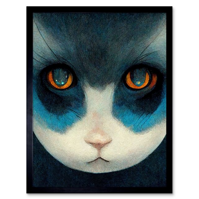"Artery8 Wall Art Print Nihonga Style Japanese Cat Blue Art Framed in Black - Size: W12"" x H16""" - image 1