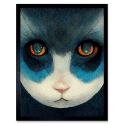 "Artery8 Wall Art Print Nihonga Style Japanese Cat Blue Art Framed in Black - Size: W12"" x H16""" - thumbnail 1