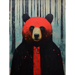 "Artery8 Wall Art Print Hipster Red Bear Artwork Oil Painting Black Blue Artwork Forest Trees Poster - Size: W12"" x H16""" - thumbnail 1