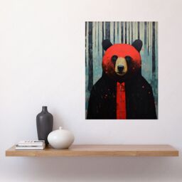 "Artery8 Wall Art Print Hipster Red Bear Artwork Oil Painting Black Blue Artwork Forest Trees Poster - Size: W12"" x H16""" - thumbnail 2