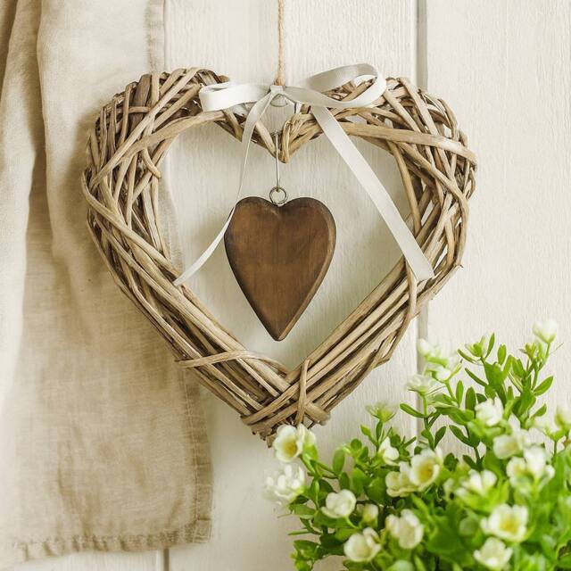 Voltico Heart Wicker Hanging Decoration with Wooden Heart Charm, 2 Colours in Light Brown - image 1