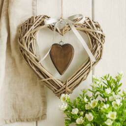 Voltico Heart Wicker Hanging Decoration with Wooden Heart Charm, 2 Colours in Light Brown - thumbnail 1