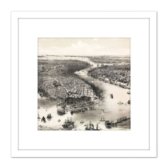 Artery8 Map Bachmann 1851 Birds Eye View New York Brooklyn 8X8 Inch Square Wooden Framed Wall Art Print Picture with Mount in White - image 1