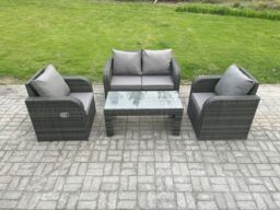 Fimous Outdoor Garden Furniture Sets Wicker Rattan Furniture Sofa Sets with Rectangular Coffee Table Love seat Sofa in Dark Grey - thumbnail 1