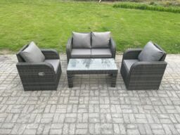 Fimous Outdoor Garden Furniture Sets Wicker Rattan Furniture Sofa Sets with Rectangular Coffee Table Love seat Sofa in Dark Grey - thumbnail 2