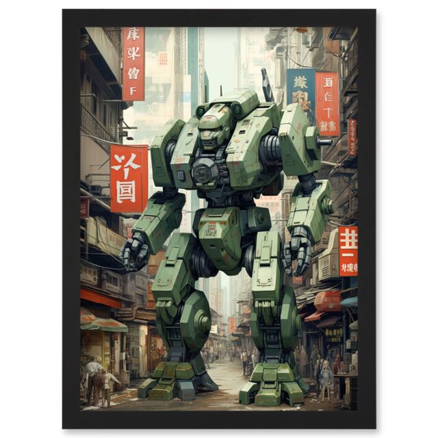 Artery8 Wall Art Print Mecha Robot in City Street Anime Sci-Fi Artwork Red Green Giant Humanoid Machine Fantasy Science Fiction Artwork Framed A4 - image 1