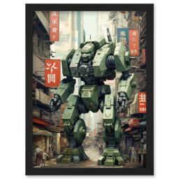 Artery8 Wall Art Print Mecha Robot in City Street Anime Sci-Fi Artwork Red Green Giant Humanoid Machine Fantasy Science Fiction Artwork Framed A4 - thumbnail 1