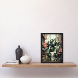 Artery8 Wall Art Print Mecha Robot in City Street Anime Sci-Fi Artwork Red Green Giant Humanoid Machine Fantasy Science Fiction Artwork Framed A4 - thumbnail 2