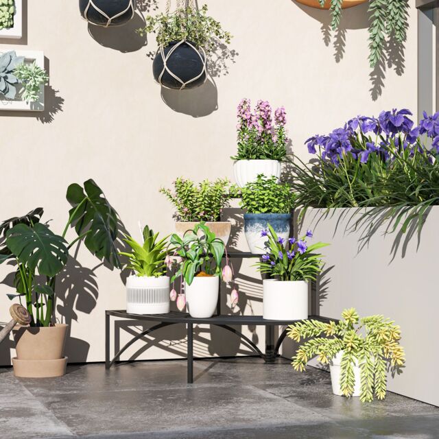 OUTSUNNY 3 Tier Metal Corner Plant Stand for Garden Balcony Patio, Black - image 1