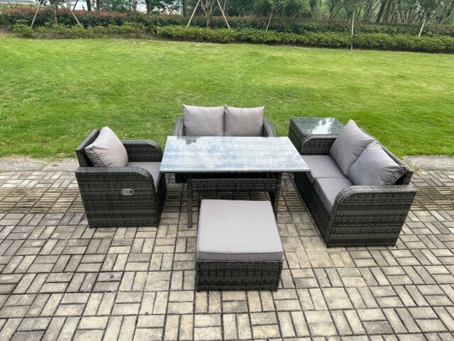 Fimous Lounge Rattan Sofa Set Outdoor Garden Furniture Oblong Rectangular Dining Table With Chairs Big Footstool Side Table in Dark Grey - image 1