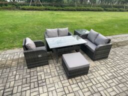 Fimous Lounge Rattan Sofa Set Outdoor Garden Furniture Oblong Rectangular Dining Table With Chairs Big Footstool Side Table in Dark Grey - thumbnail 2