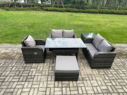 Fimous Lounge Rattan Sofa Set Outdoor Garden Furniture Oblong Rectangular Dining Table With Chairs Big Footstool Side Table in Dark Grey - thumbnail 1