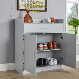 Home Source Shoe Storage Cabinet Cupboard 2 Door Hallway Organiser Compact in Grey - thumbnail 2