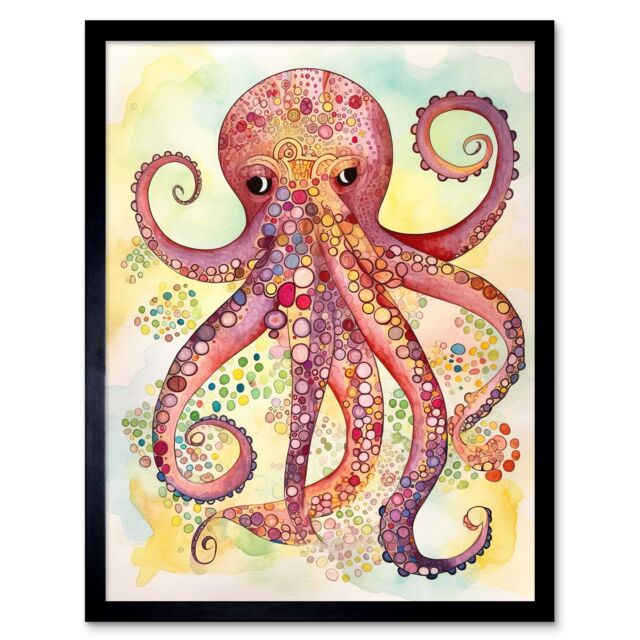 "Artery8 Wall Art Print Octopus Portrait Bright Folk Art Watercolour Painting Art Framed in Red - Size: W12"" x H16""" - image 1