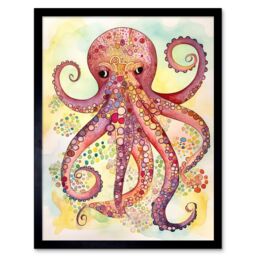 "Artery8 Wall Art Print Octopus Portrait Bright Folk Art Watercolour Painting Art Framed in Red - Size: W12"" x H16""" - thumbnail 1