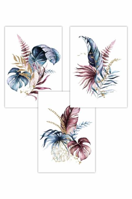 ARTZE Set of 3 Blue Pink & Gold Botanical Leaves Art Posters in Navy - Size: W50 cm x H70 cm - image 1
