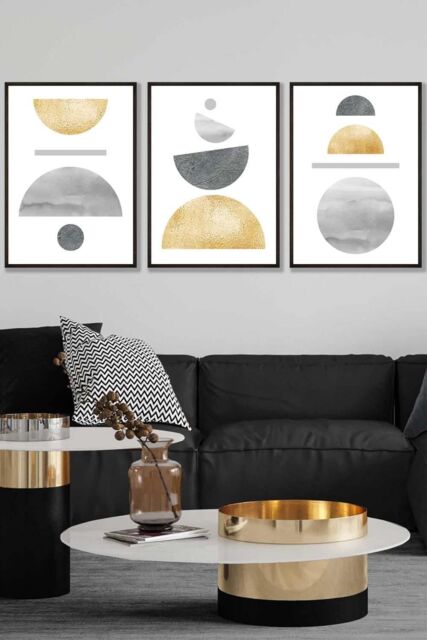 ARTZE Golden Yellow & Grey Abstract Mid Century Geometric Framed Wall Art - Large in Black - Size: W53 cm x H73 cm x D20mm - image 1