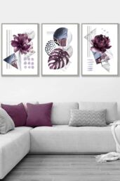 ARTZE Set of 3 Light Grey Framed Abstract Purple & Silver Botanical Wall Art - Size: W53 cm x H73 cm x D20mm - thumbnail 1