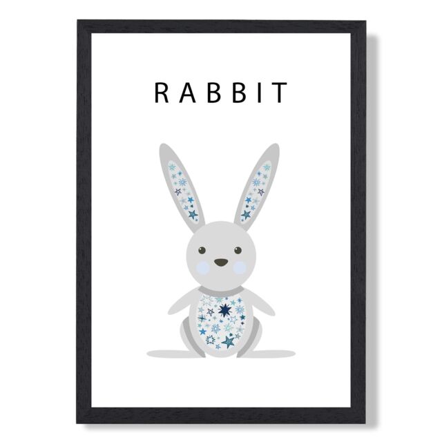 ARTZE Cute Rabbit with Blue Stars Framed Print SIZE: A3 with Black Frame in Pale Blue - Size: A4 - image 1