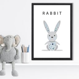 ARTZE Cute Rabbit with Blue Stars Framed Print SIZE: A3 with Black Frame in Pale Blue - Size: A4 - thumbnail 2
