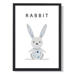 ARTZE Cute Rabbit with Blue Stars Framed Print SIZE: A3 with Black Frame in Pale Blue - Size: A4 - thumbnail 1