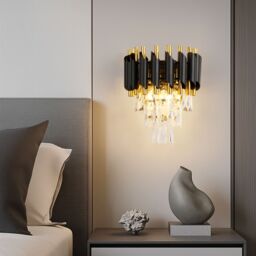 Harper Living Modern Wall Light Indoor with 3 Tiers Crystals, Black & Gold Finish - thumbnail 1
