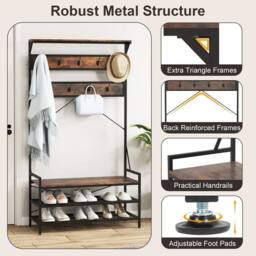 Kelvenix Coat Rack 4-In-1 Hall Tree with 2-Tier in Brown - Size: 0.6m2 - thumbnail 4